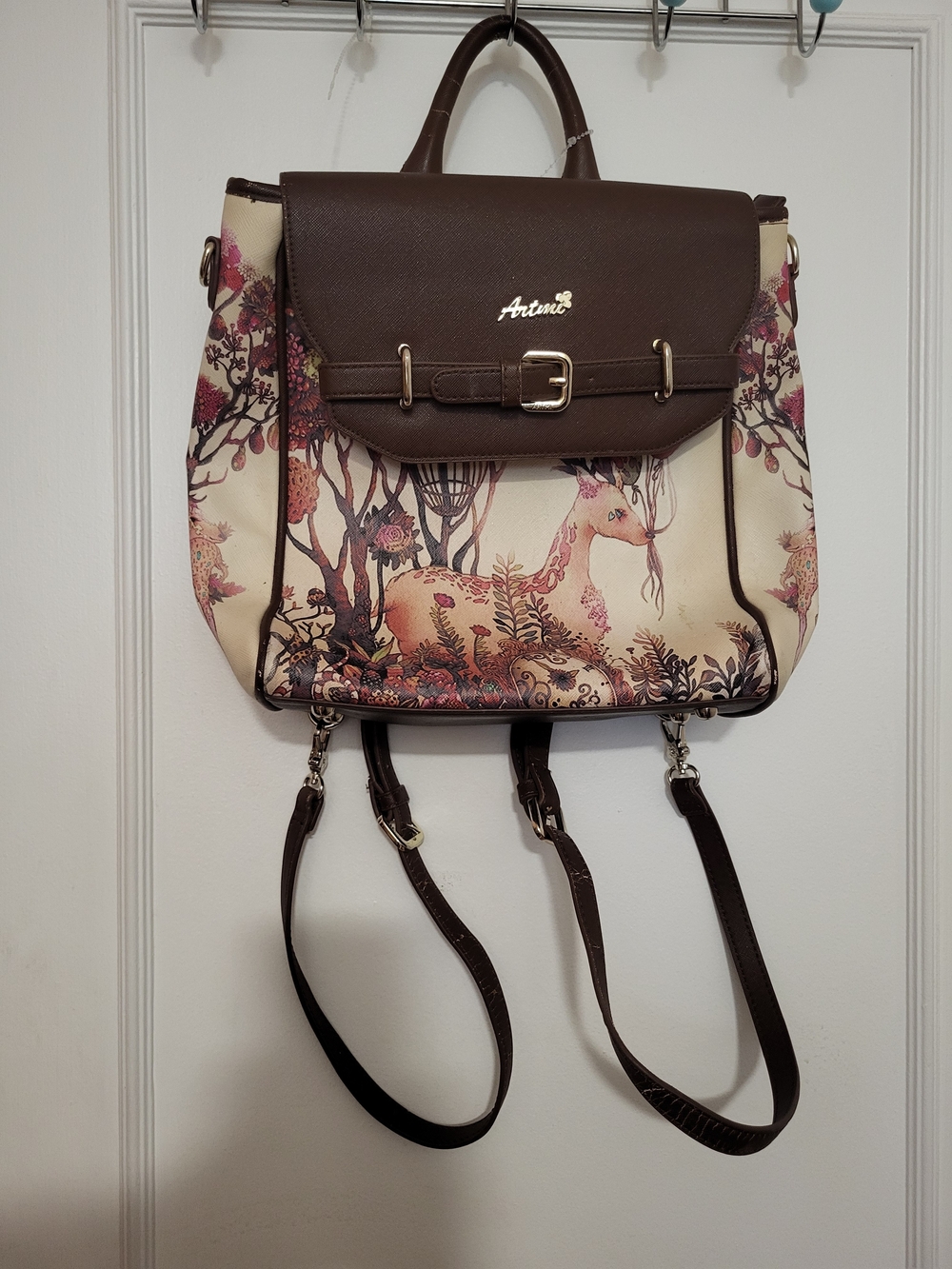 Brown Floral Deer Backpack Purse